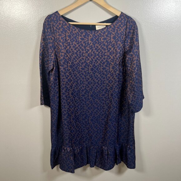 Sezane Auberie Babydoll Dress Size 38 US 6 Blue Gold Ruffle Leopard Drop Waist - Picture 2 of 11